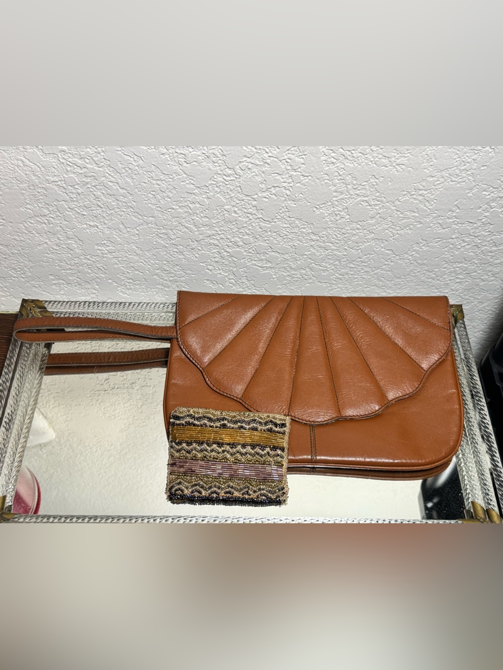 Vintage Leather Wristlet Clutch w/Vintage Beaded Coin Purse - Picture 2 of 13